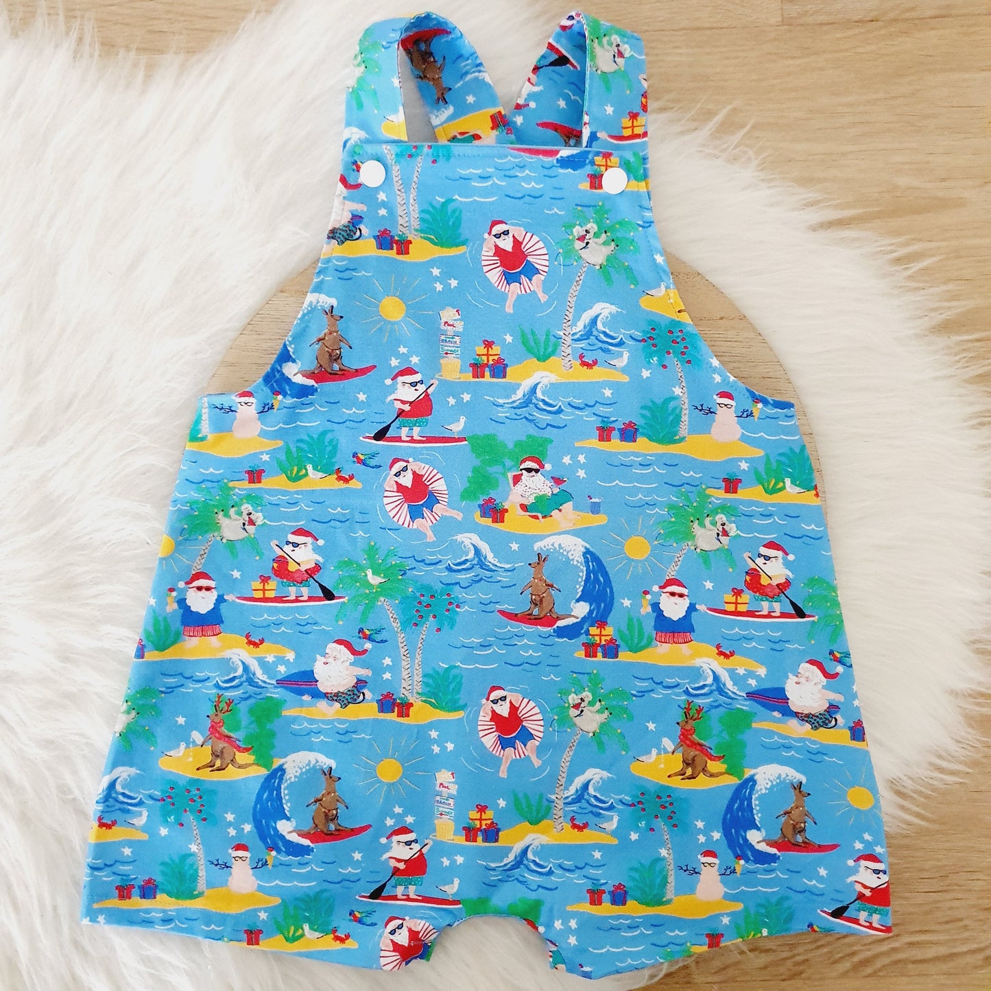 SURFING SANTA Overalls, Baby / Toddler Overalls, Short Leg Romper, Christmas Outfit Size 2