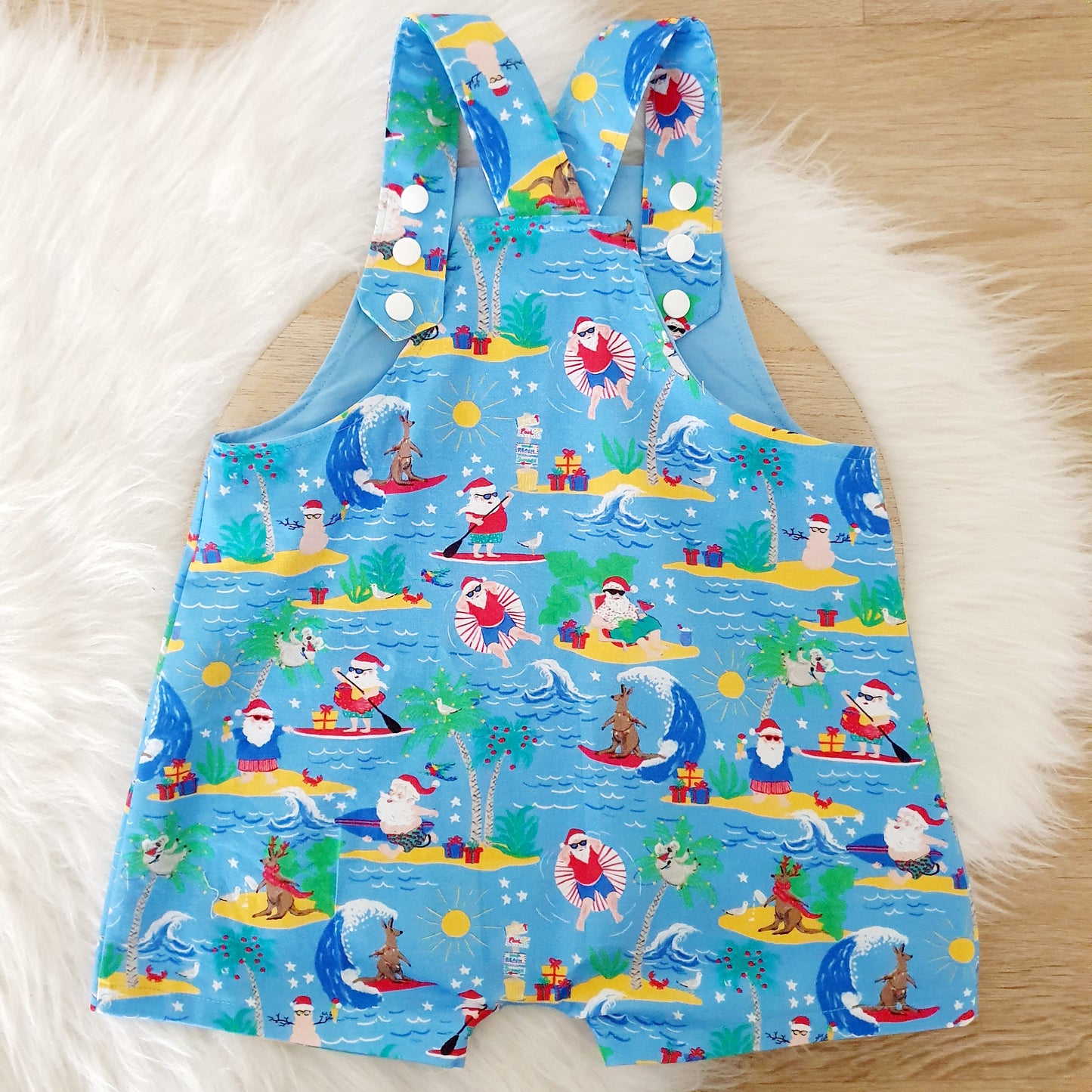 SURFING SANTA Overalls, Baby / Toddler Overalls, Short Leg Romper, Christmas Outfit Size 2