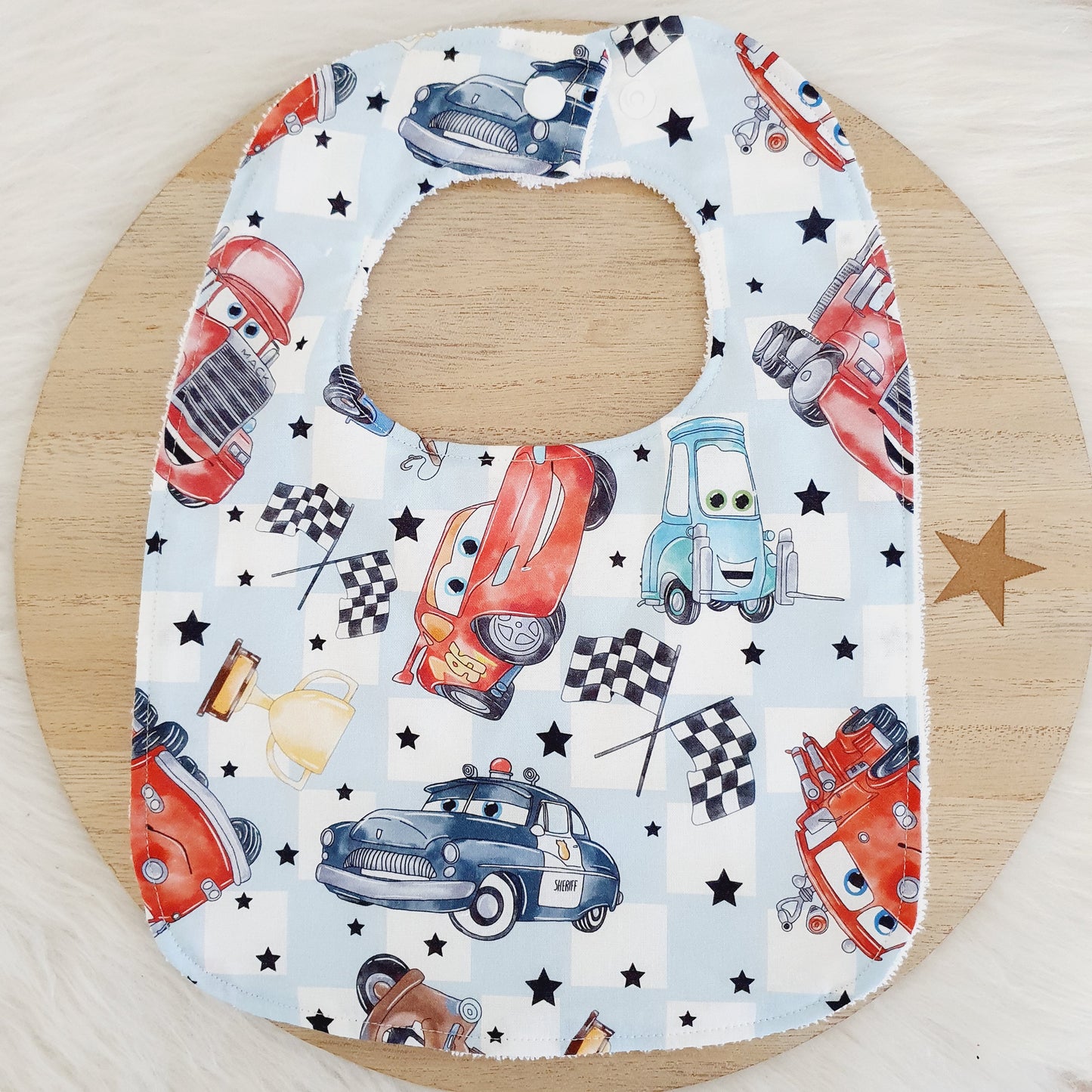 Cars print Bib, Handmade Baby Bib, Large Feeding Bib