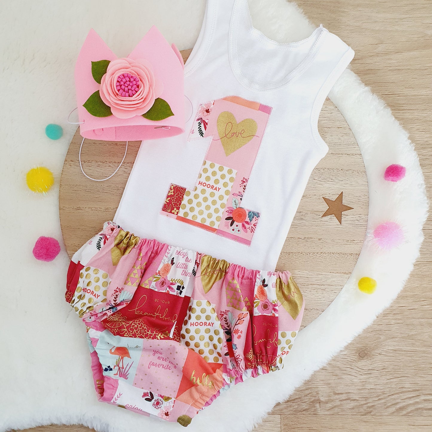 HOORAY PINK & GOLD Girls Cake Smash / 1st Birthday Outfit, Girls First Birthday, Size 0