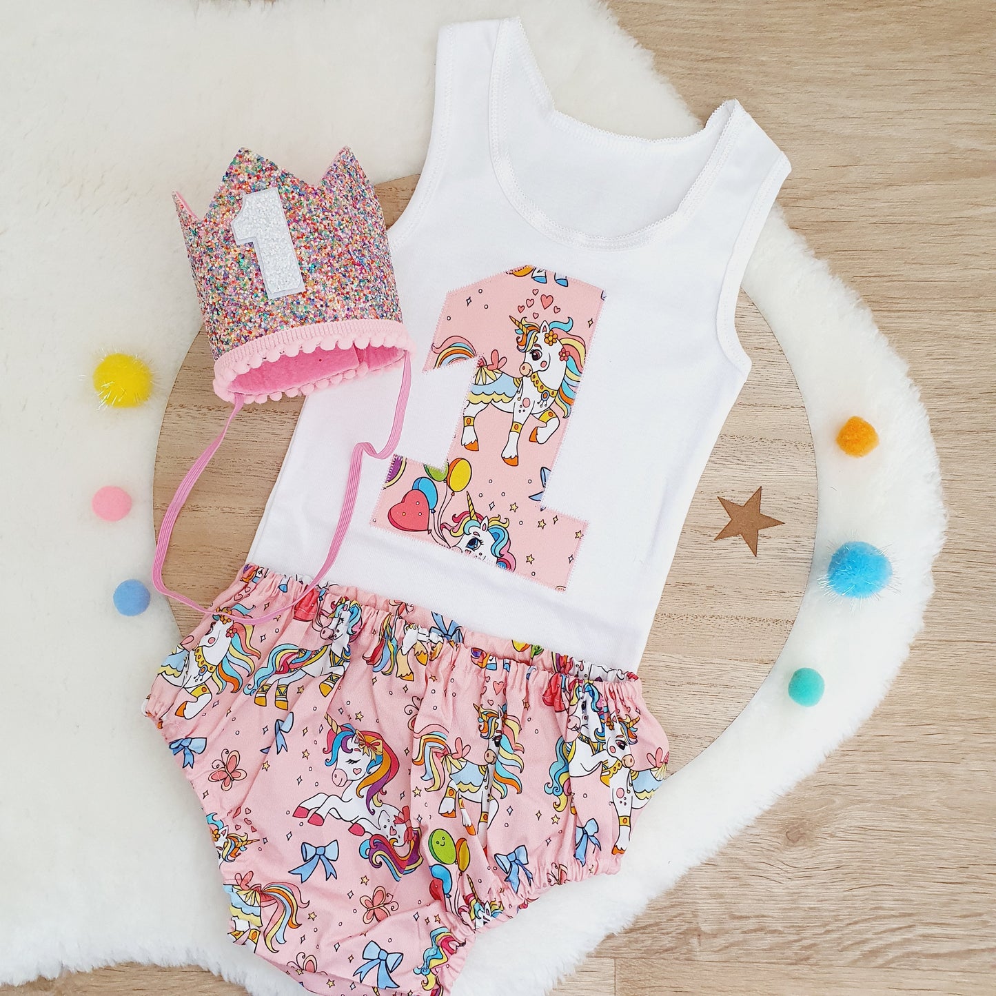 Rainbow Unicorn Girls Cake Smash / 1st Birthday Outfit, Girls First Birthday, Size 0
