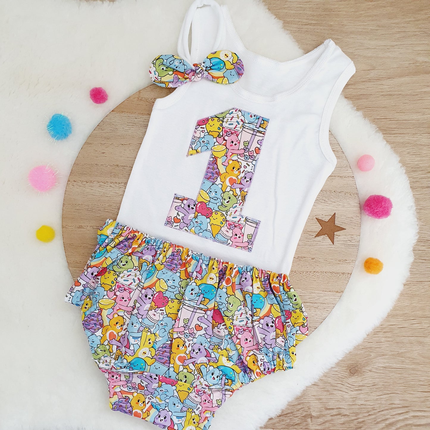 Care Bears print Girls 1st Birthday - Cake Smash Outfit, Size 1
