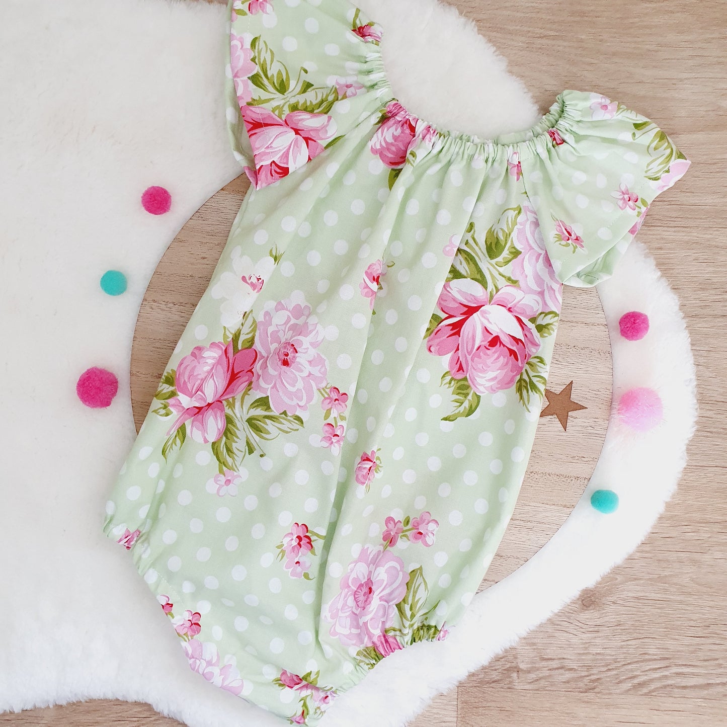 ROSES ON GREEN print Baby Girl Playsuit, Size 1