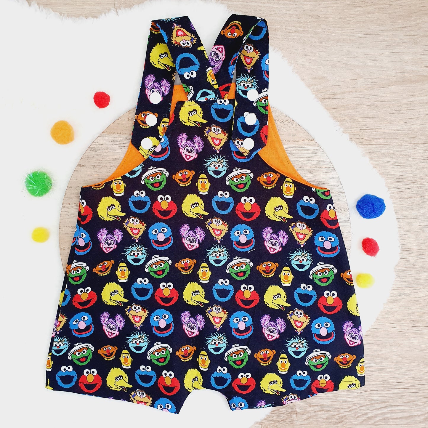 SESAME STREET print Overalls, Baby Overalls, Short Leg Romper, Size 1