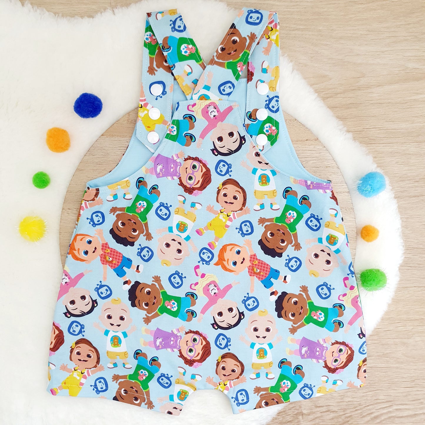 COCOMELON print Overalls, Baby Overalls, Short Leg Romper, Size 1