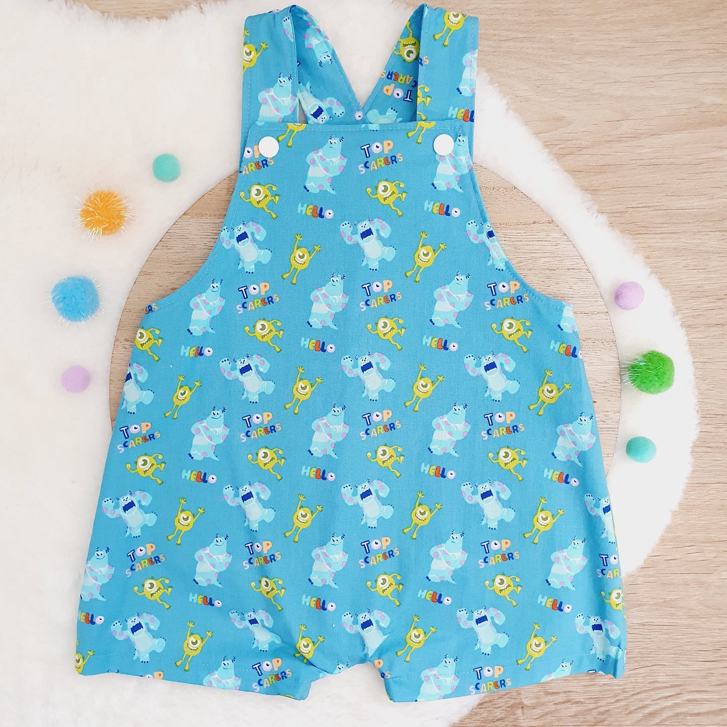 MONSTERS print Overalls, Baby Overalls, Short Leg Romper, Size 1