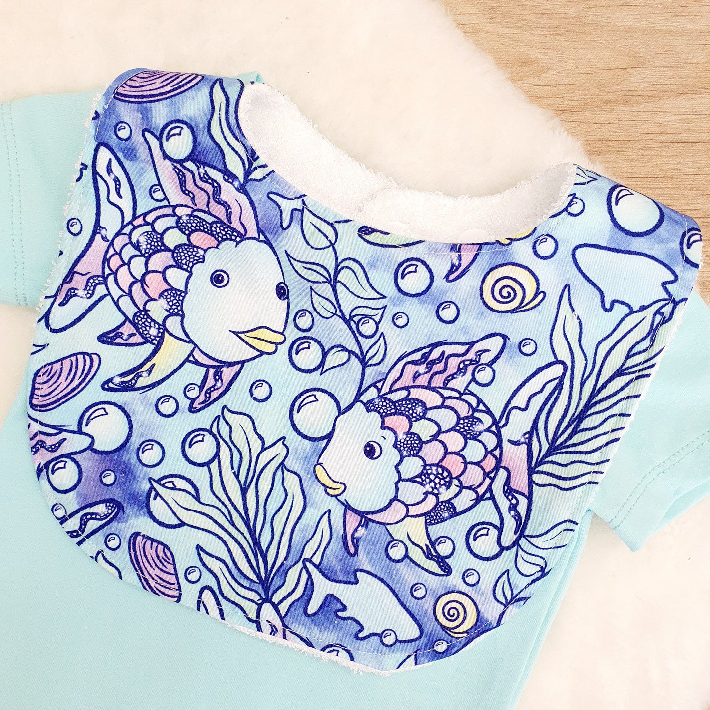 Rainbow Fish print Bib, Handmade Baby Bib, Feeding Bib