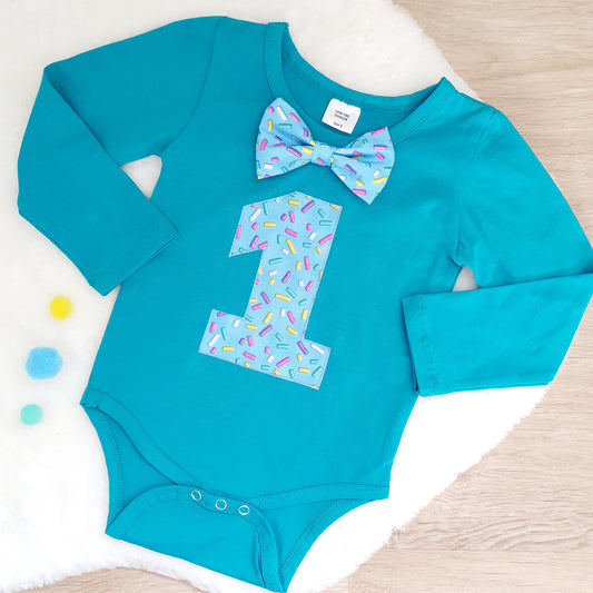 Boys 1st Birthday Teal Long Sleeve Bodysuit, Size 2, Sprinkles print