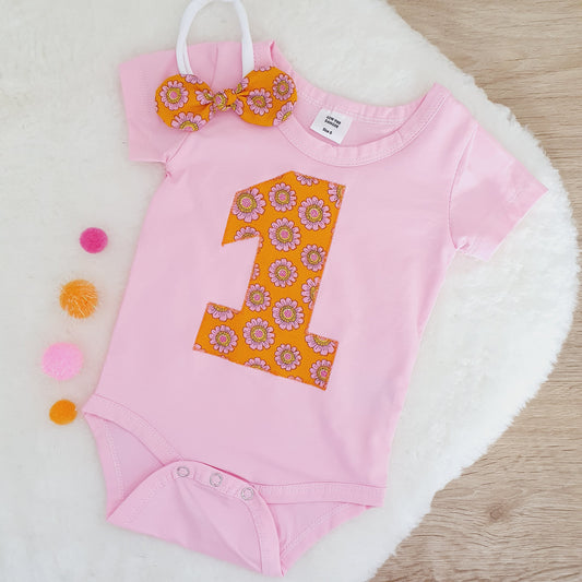 Girls 1st Birthday Short Sleeve Bodysuit & Headband Set, Size 0