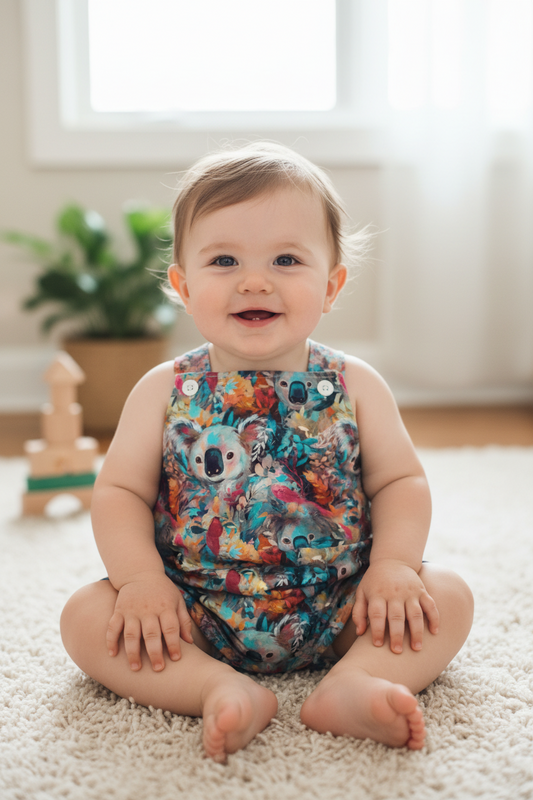 KOALA print Overalls, Baby Overalls, Short Leg Romper, Size 1