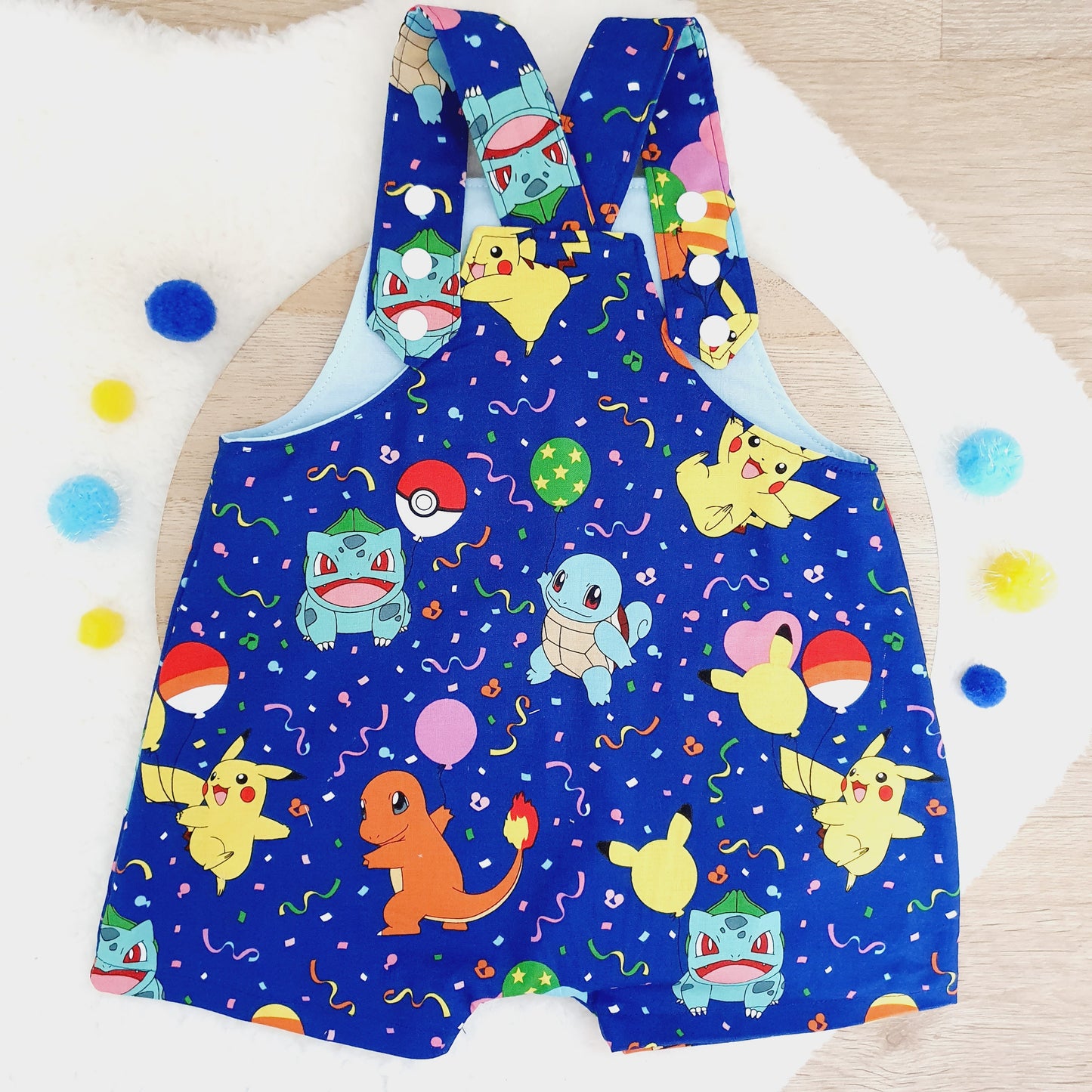 POKEMON PARTY print Overalls, Baby Overalls, Short Leg Romper, Size 1