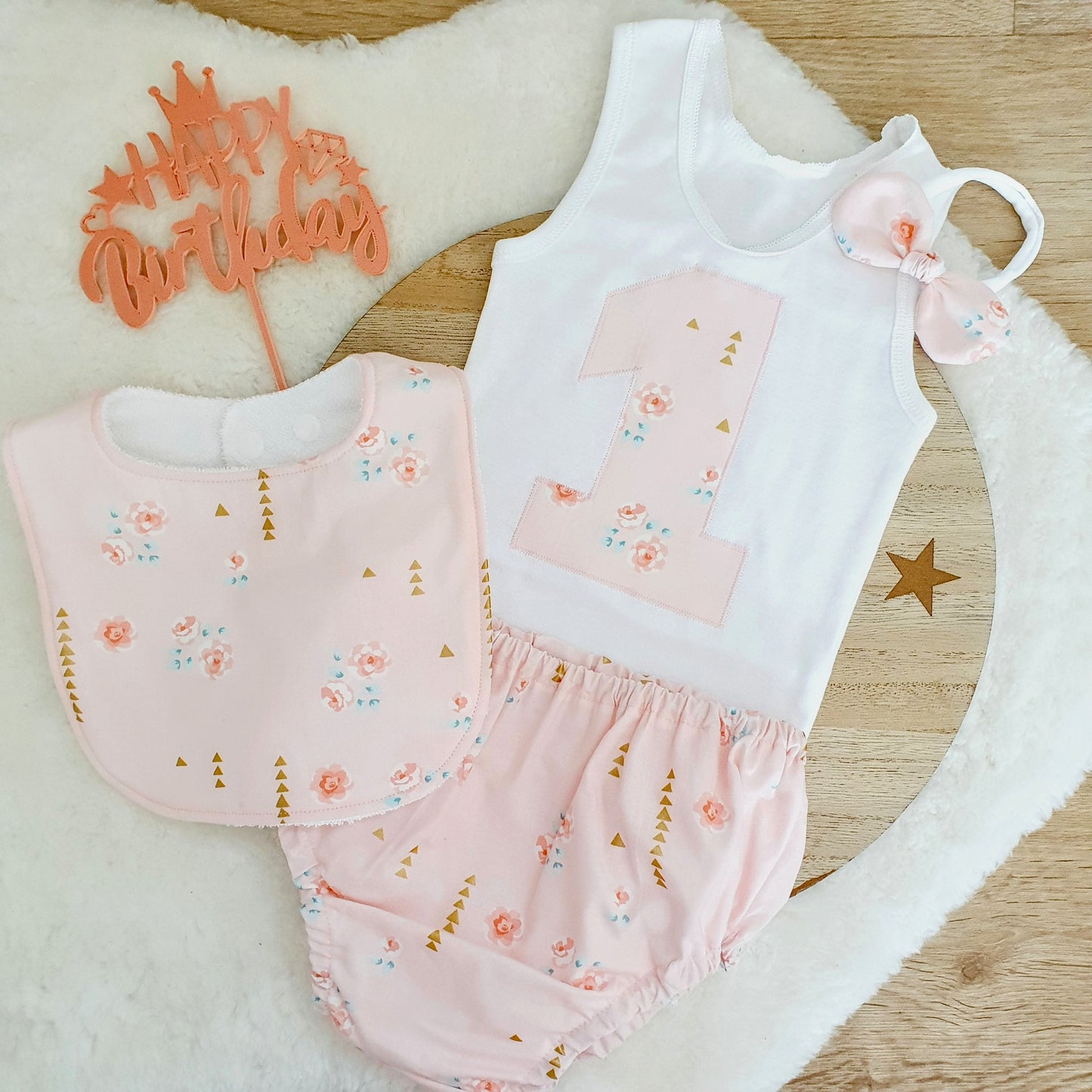 Rose / Gold Floral Girls 1st Birthday / Cake Smash Outfit, Size 1