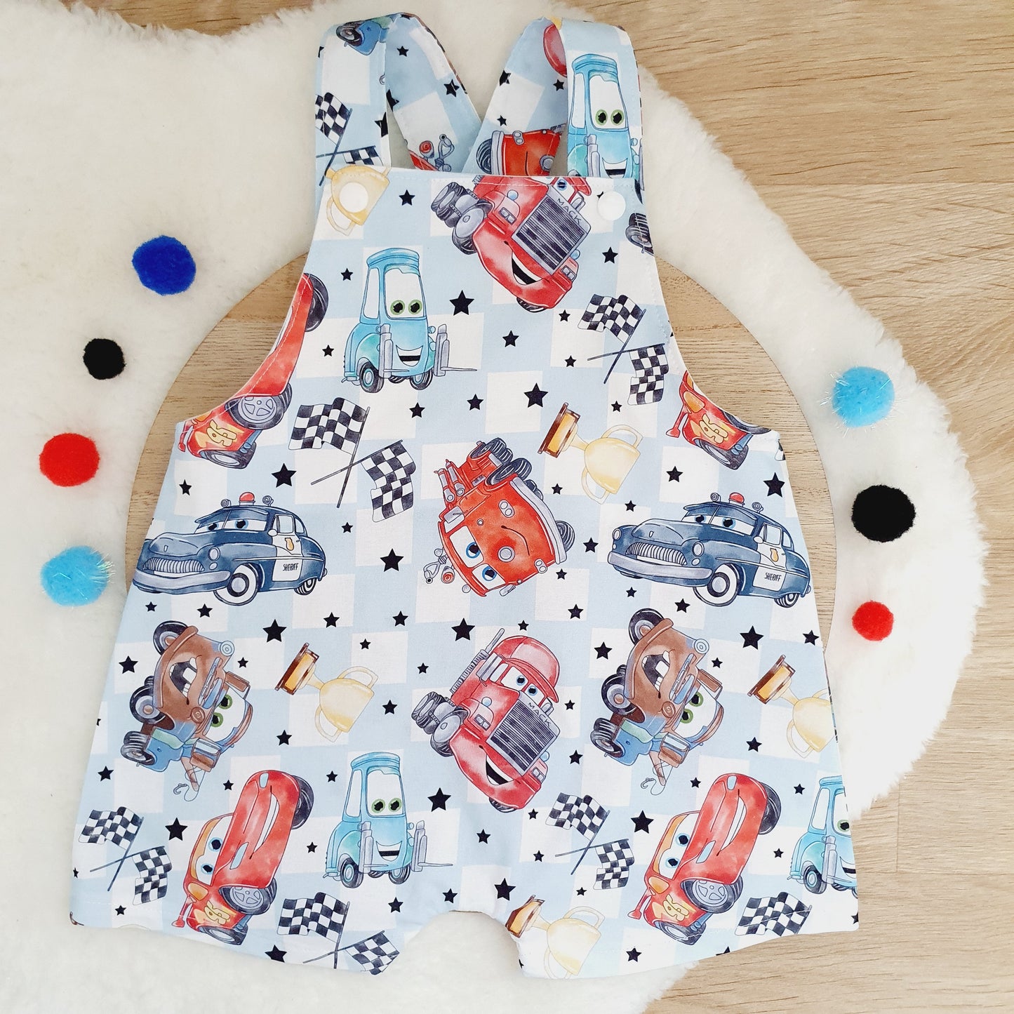 CARS print Overalls, Baby Overalls, Short Leg Romper, Size 1