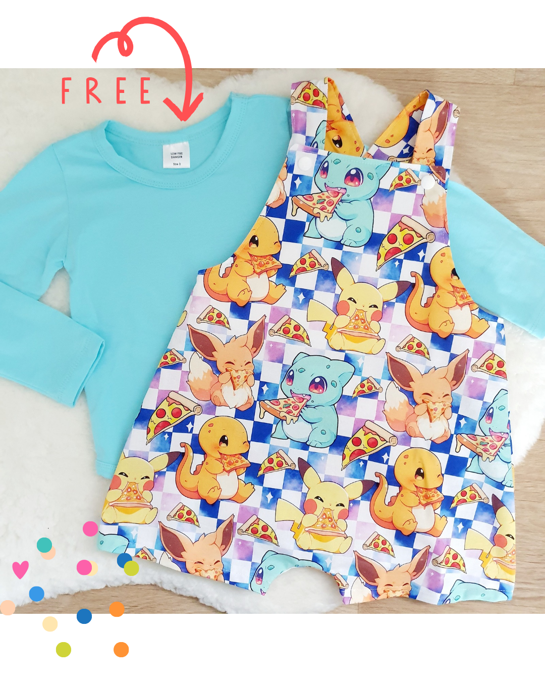 POKEMON print Overalls, Size 2 with BONUS Long Sleeve Bodysuit