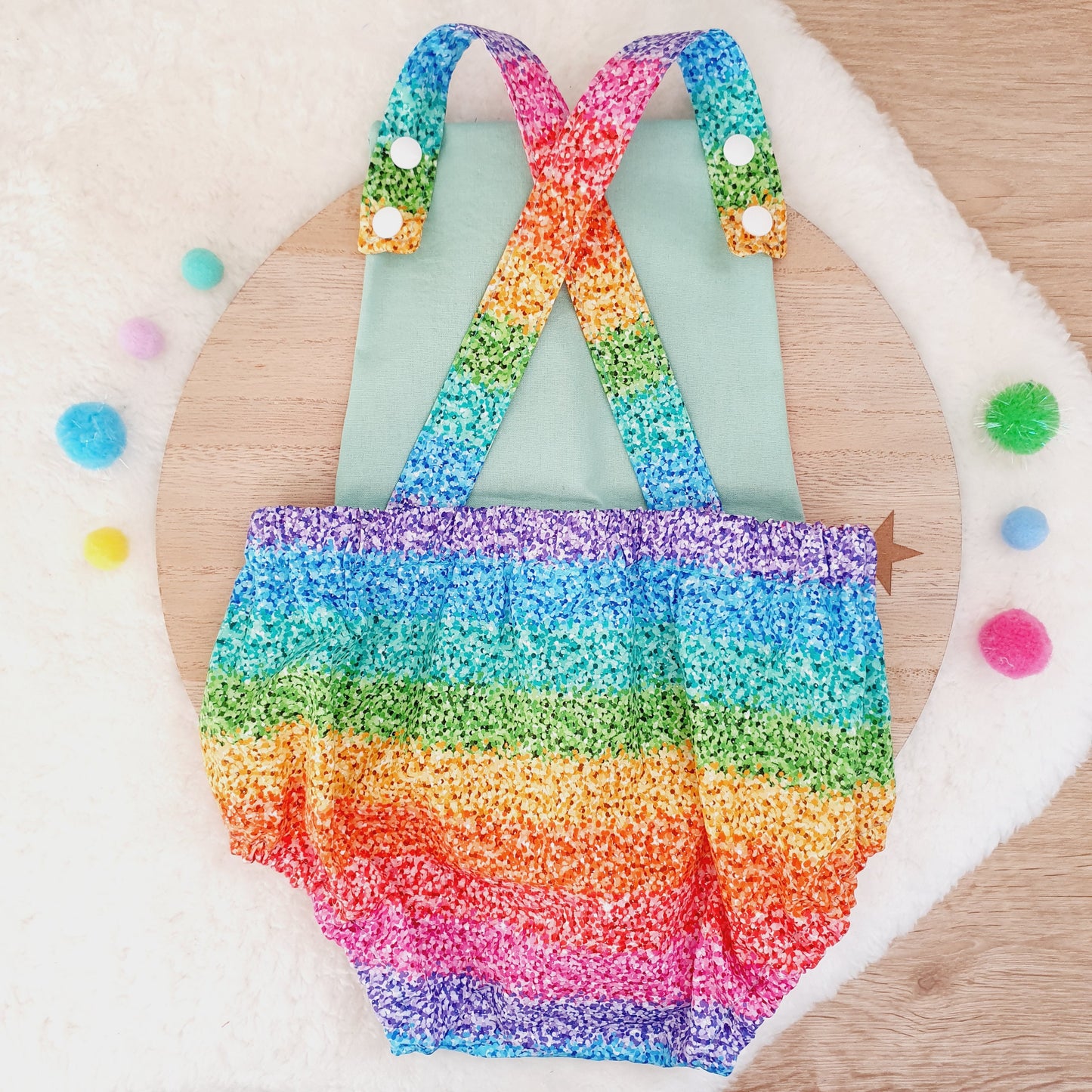 RAINBOW SPARKLE print Baby Romper, Size 1