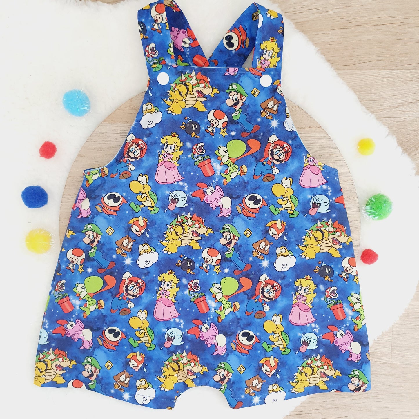 MARIO print Overalls, Baby Overalls, Short Leg Romper, Size 1