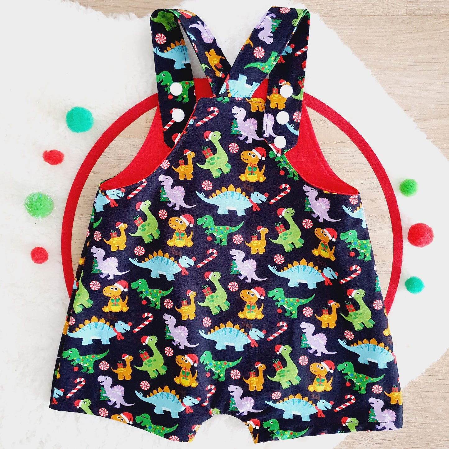 CHRISTMAS DINOSAURS Overalls, Baby Overalls, Short Leg Romper, Size 1