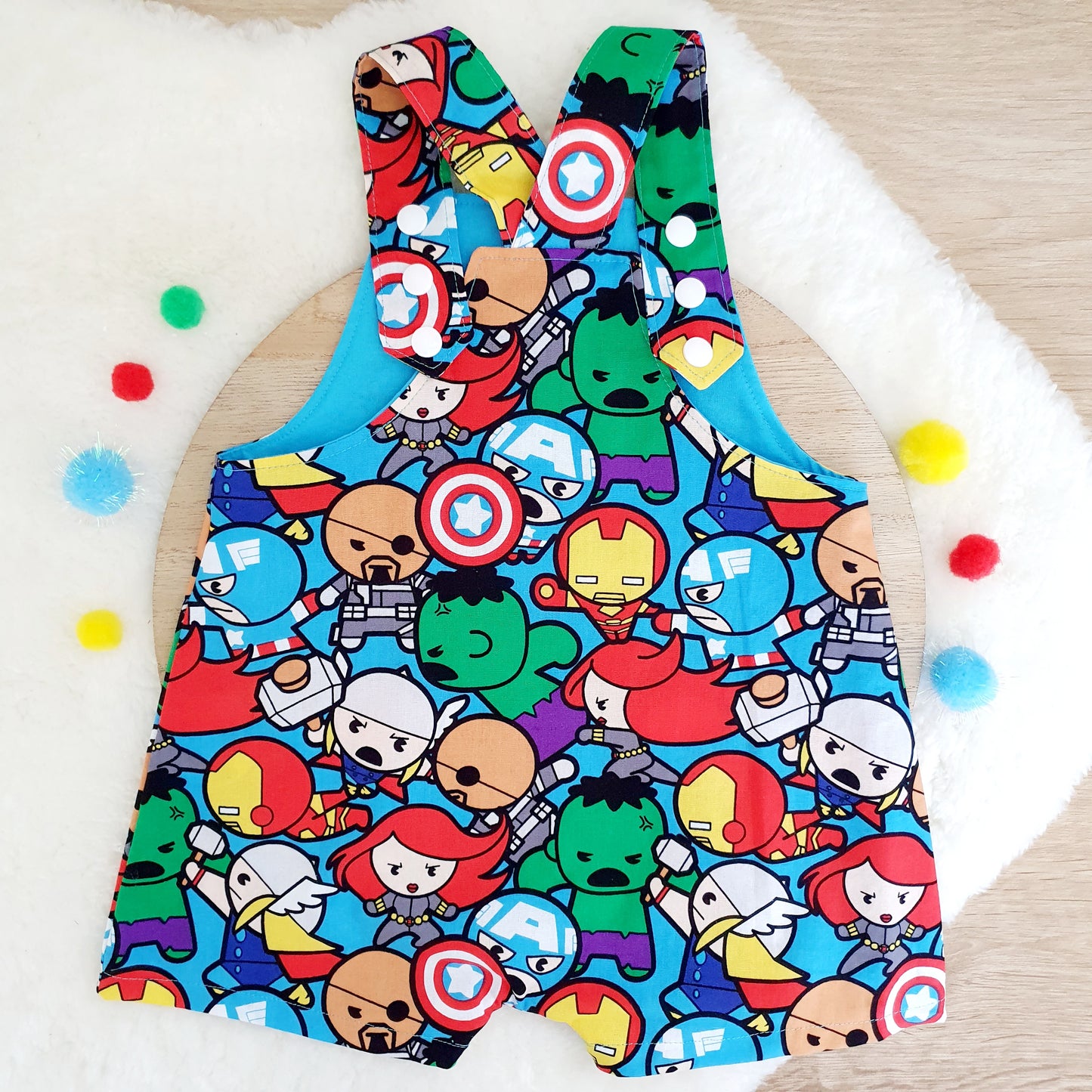 KAWAII MARVEL print Overalls, Baby Overalls, Short Leg Romper, Size 1