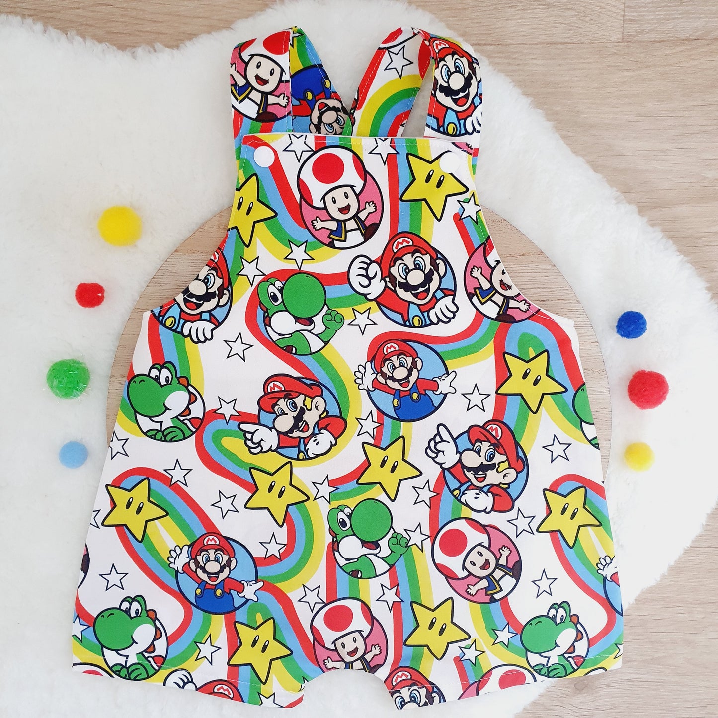 MARIO print Overalls, Baby Overalls, Short Leg Romper, Size 1