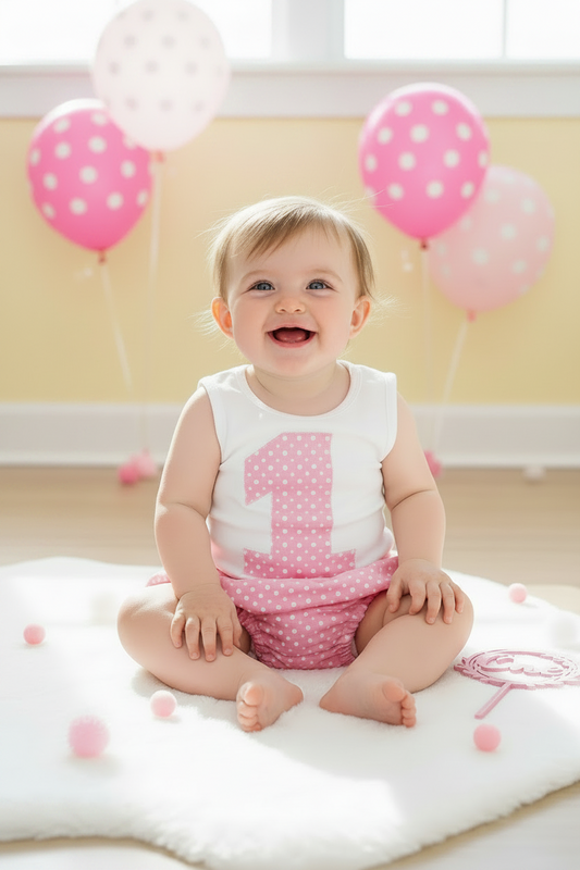PINK AND WHITE SPOT Girls 1st Birthday / Cake Smash Outfit, Size 1