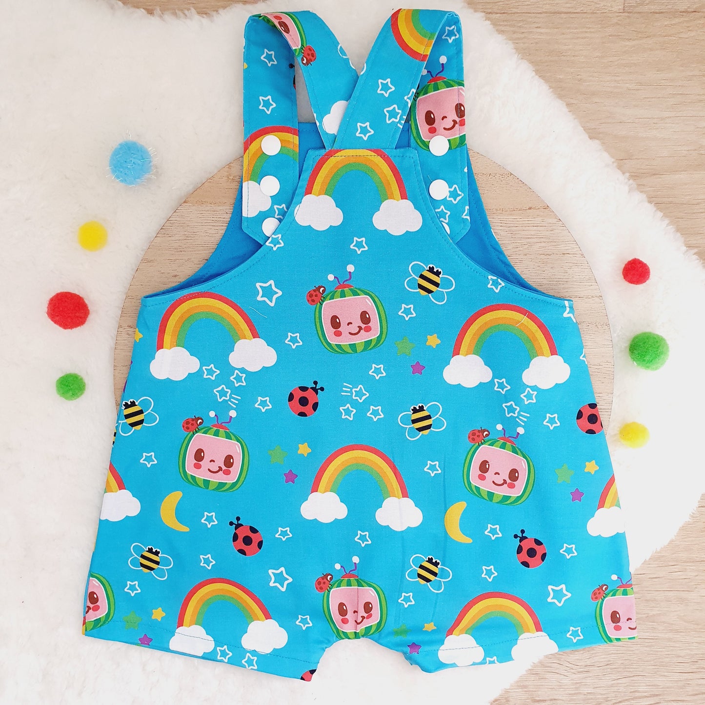 COCOMELON print Overalls, Baby Overalls, Short Leg Romper, Size 1