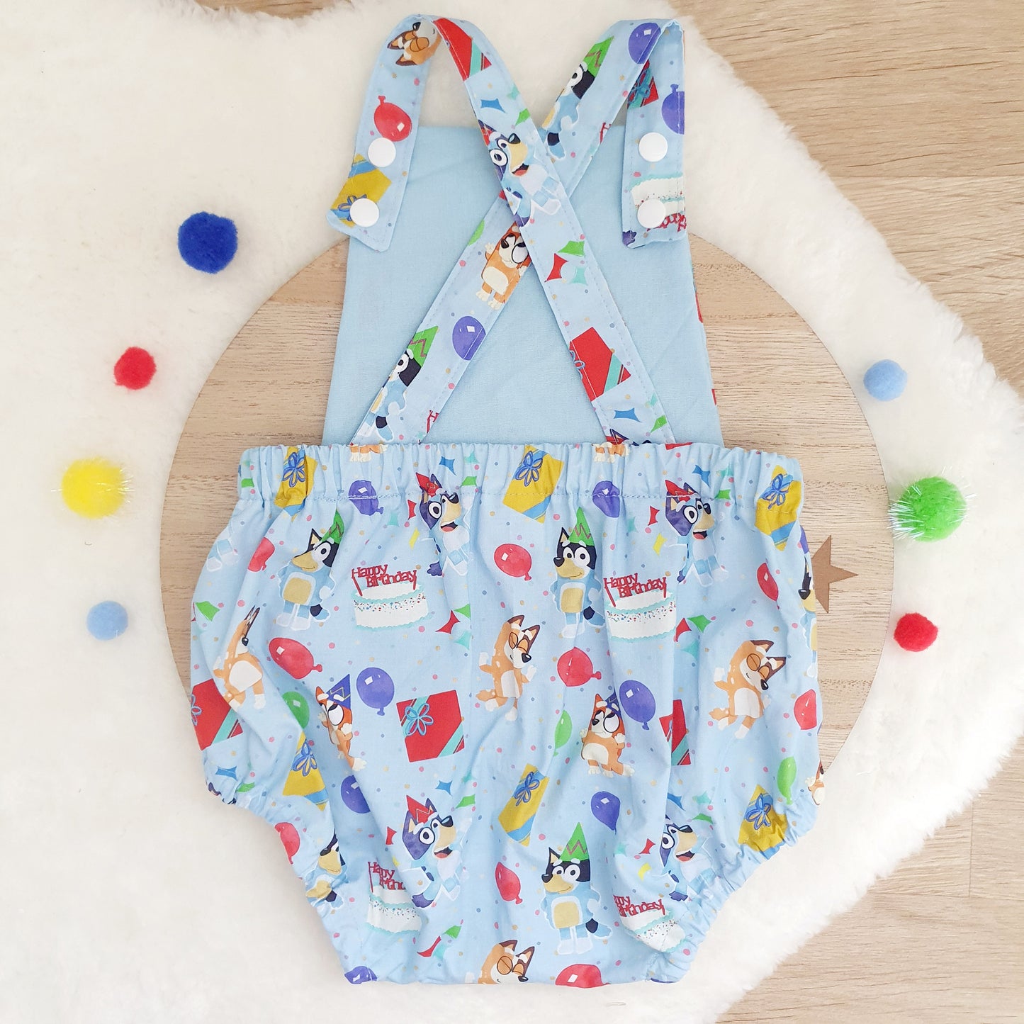 BLUE DOG BIRTHDAY print Baby Romper, Size 1