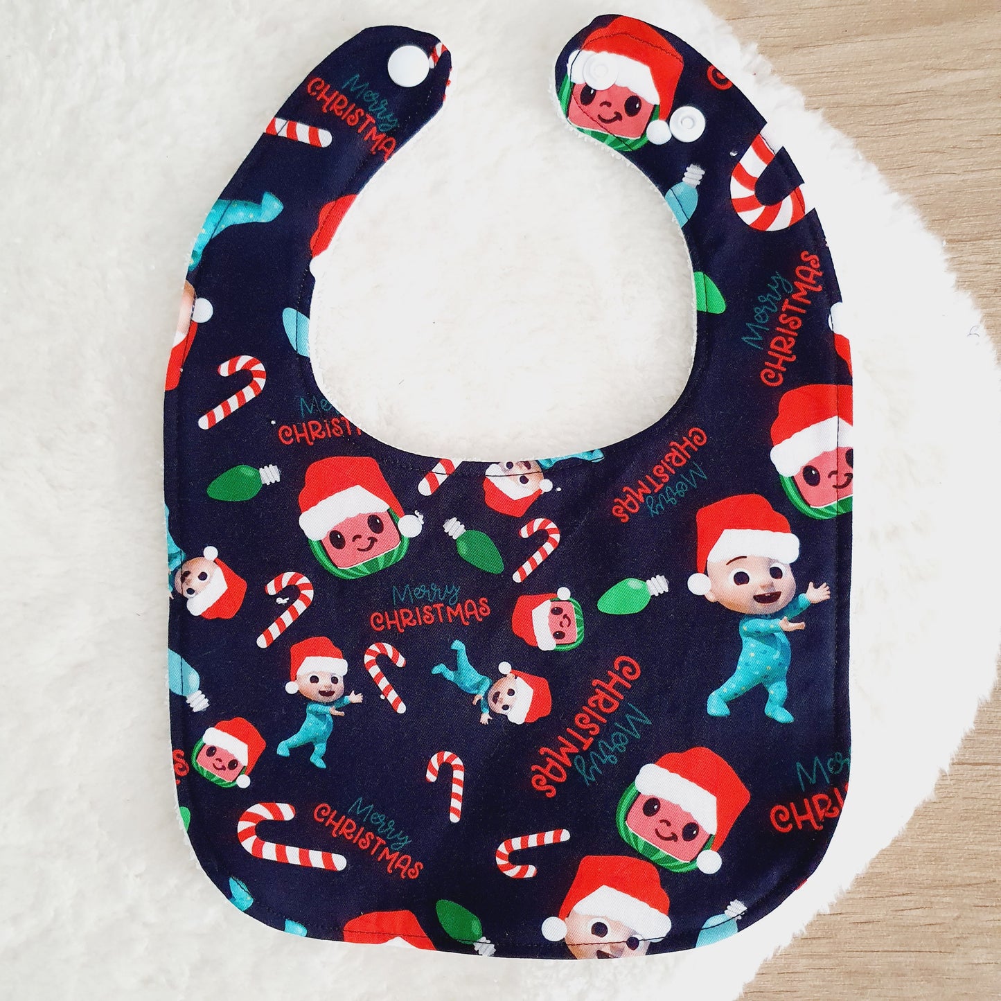 CHRISTMAS COCOMELON print Bib, Handmade Baby Bib, Feeding Bib
