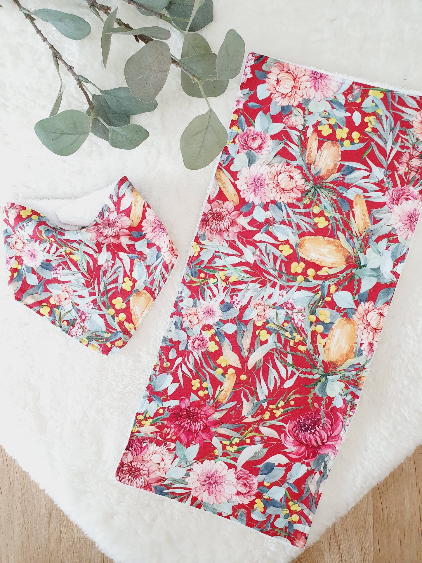 NATIVE FLORAL Baby Bib and Burp Cloth Gift Set, Baby Shower Gift, Newborn Gift, Australian Baby Gift