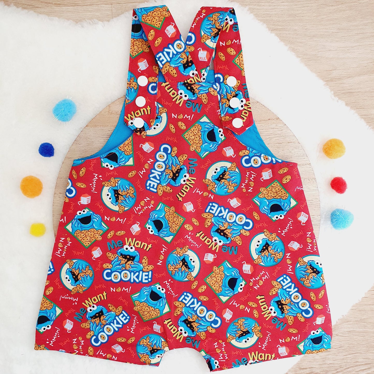 COOKIE MONSTER print Overalls, Baby Overalls, Short Leg Romper, Size 1