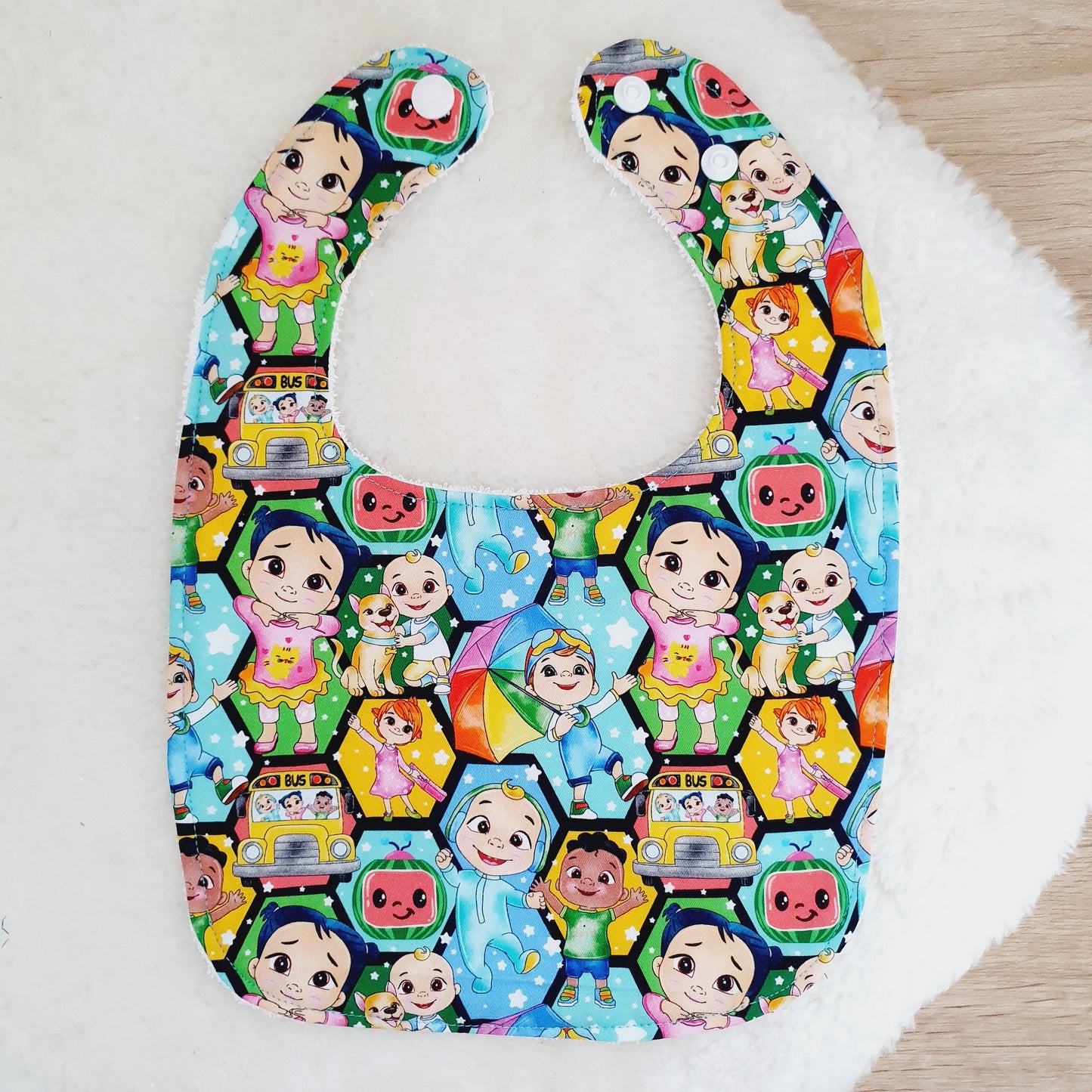 COCOMELON print Bib, Handmade Baby Bib, Feeding Bib