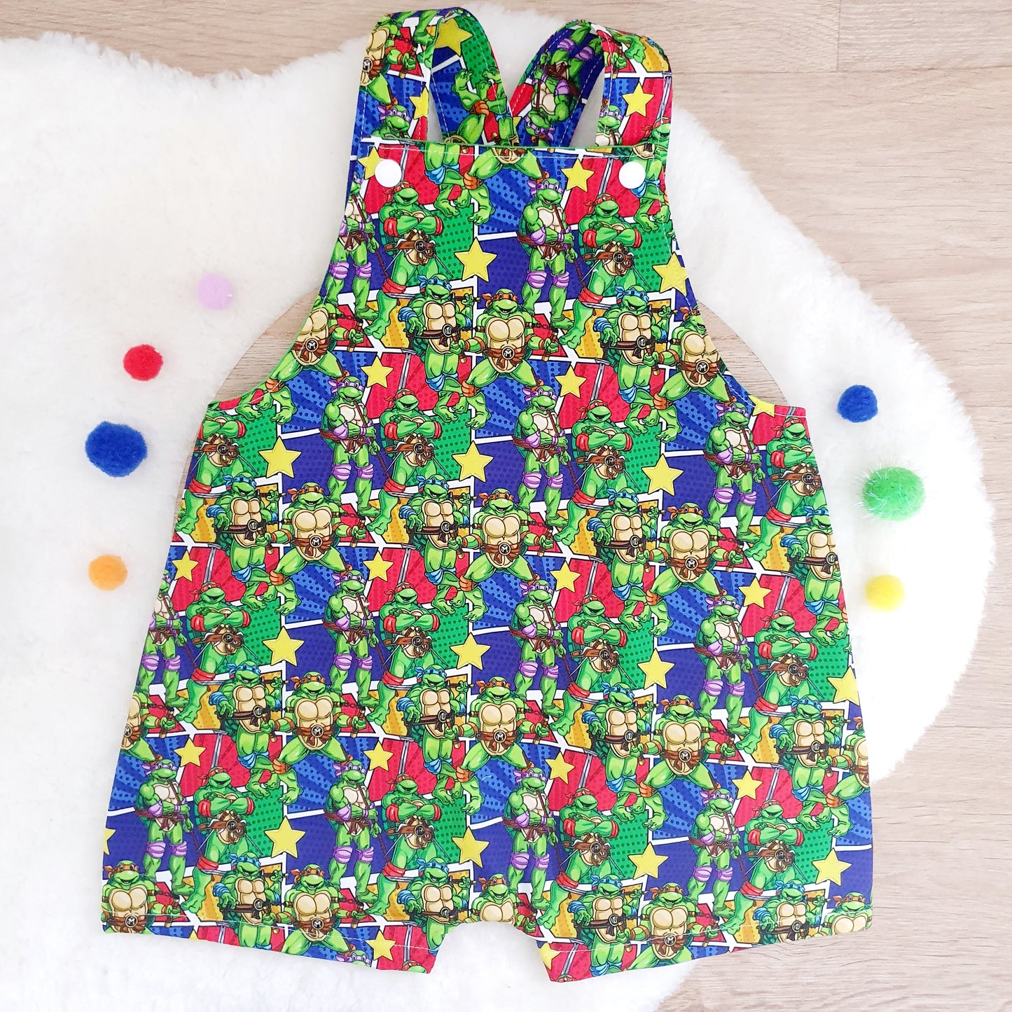 TMNT print Overalls, Baby / Toddler Overalls, Short Leg Romper, Size 2