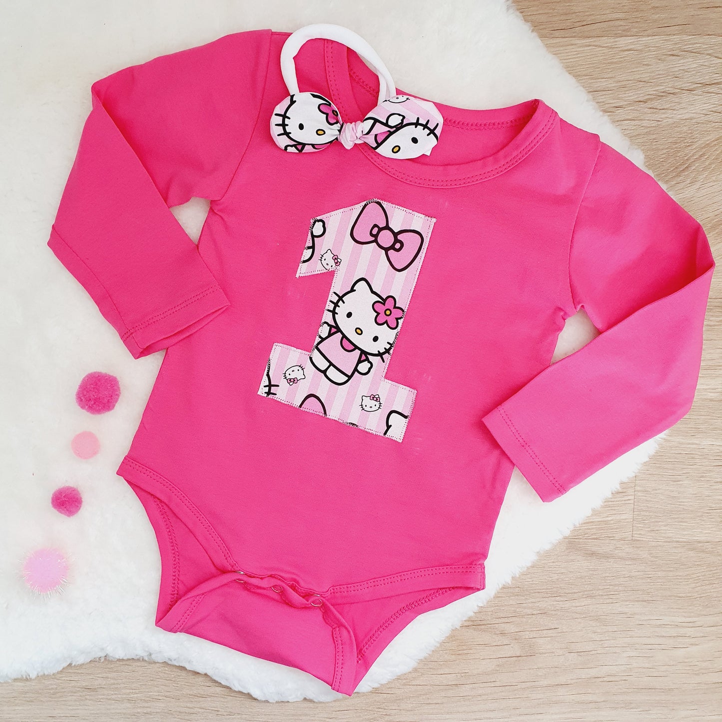 Girls 1st Birthday Long Sleeve Bodysuit & Headband Set, Size 1, Kitty print
