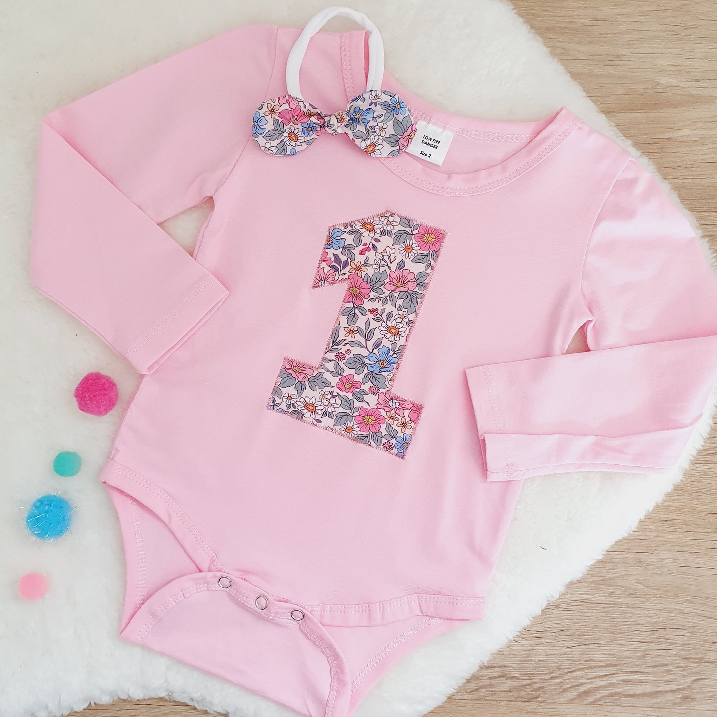 *SALE* Girls 1st Birthday Long Sleeve Bodysuit & Headband Set, Size 2 - Ditsy Floral