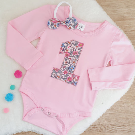 Girls 1st Birthday Long Sleeve Bodysuit & Headband Set, Size 2 - Ditsy Floral
