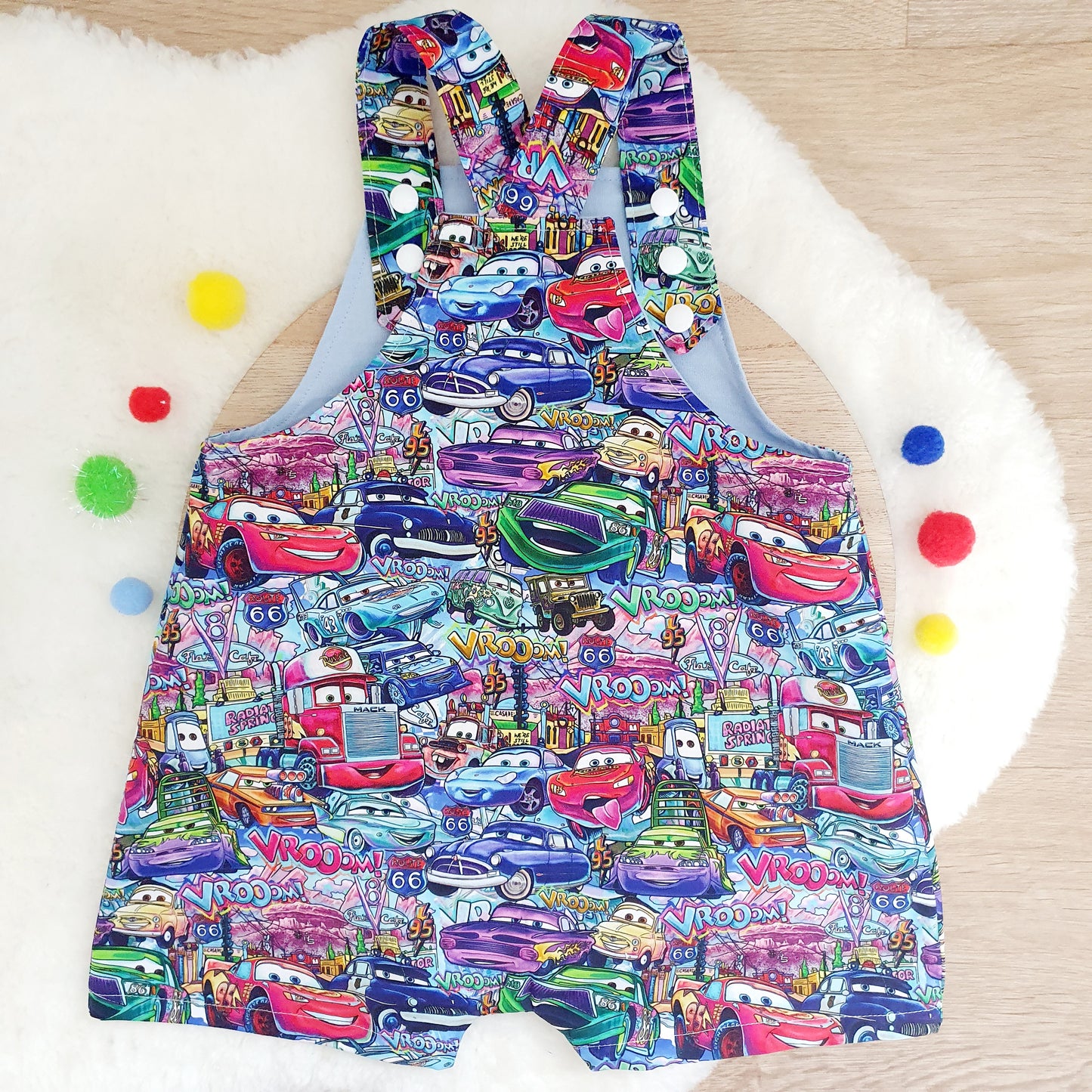CARS print Overalls, Baby / Toddler Overalls, Short Leg Romper, Size 2
