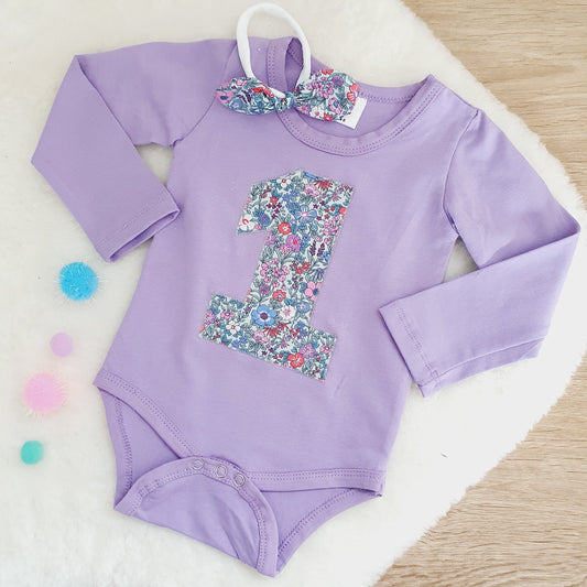 Girls 1st Birthday Long Sleeve Bodysuit & Headband Set, Size 0 - Ditsy Floral