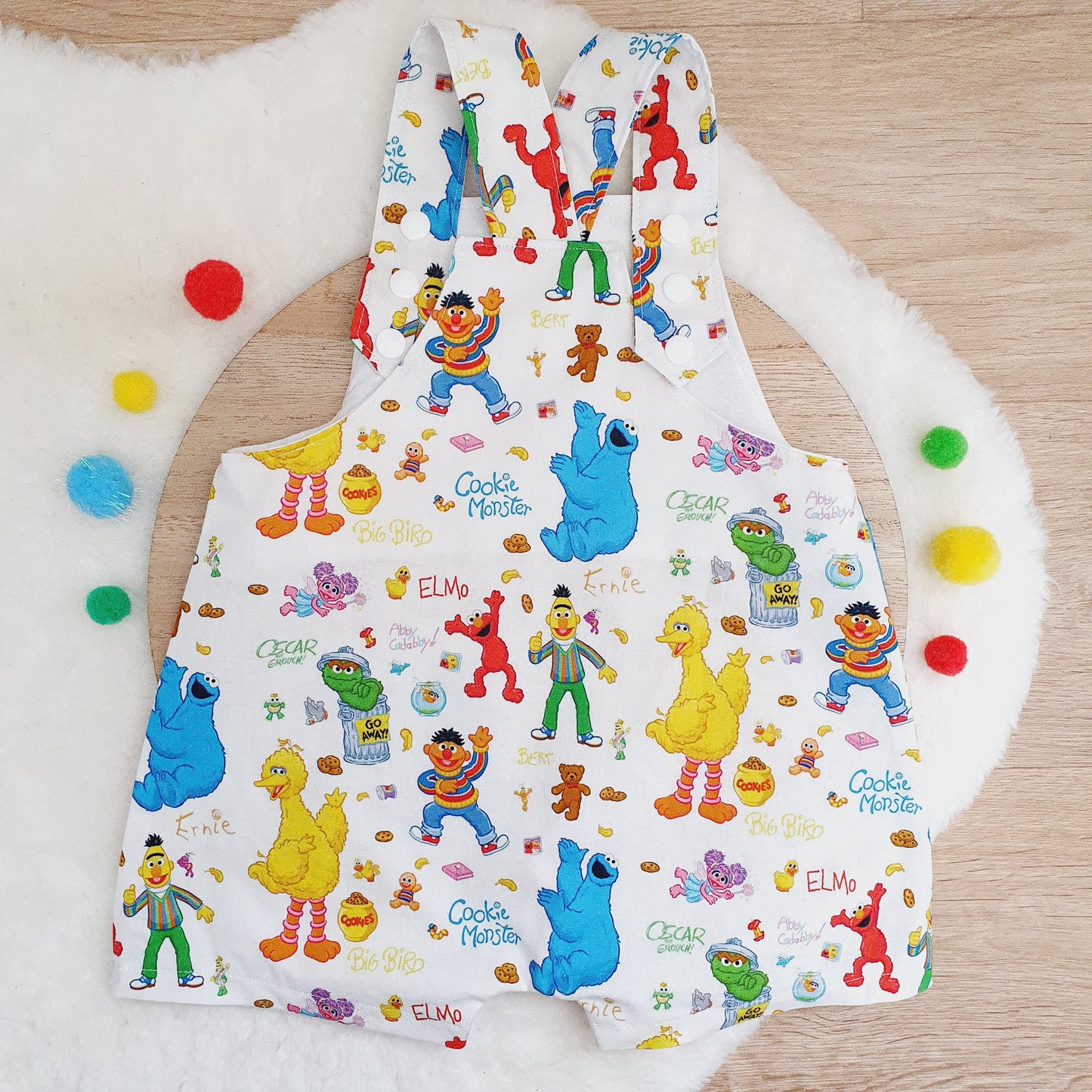 SESAME STREET print Overalls, Baby Overalls, Short Leg Romper, Size 1