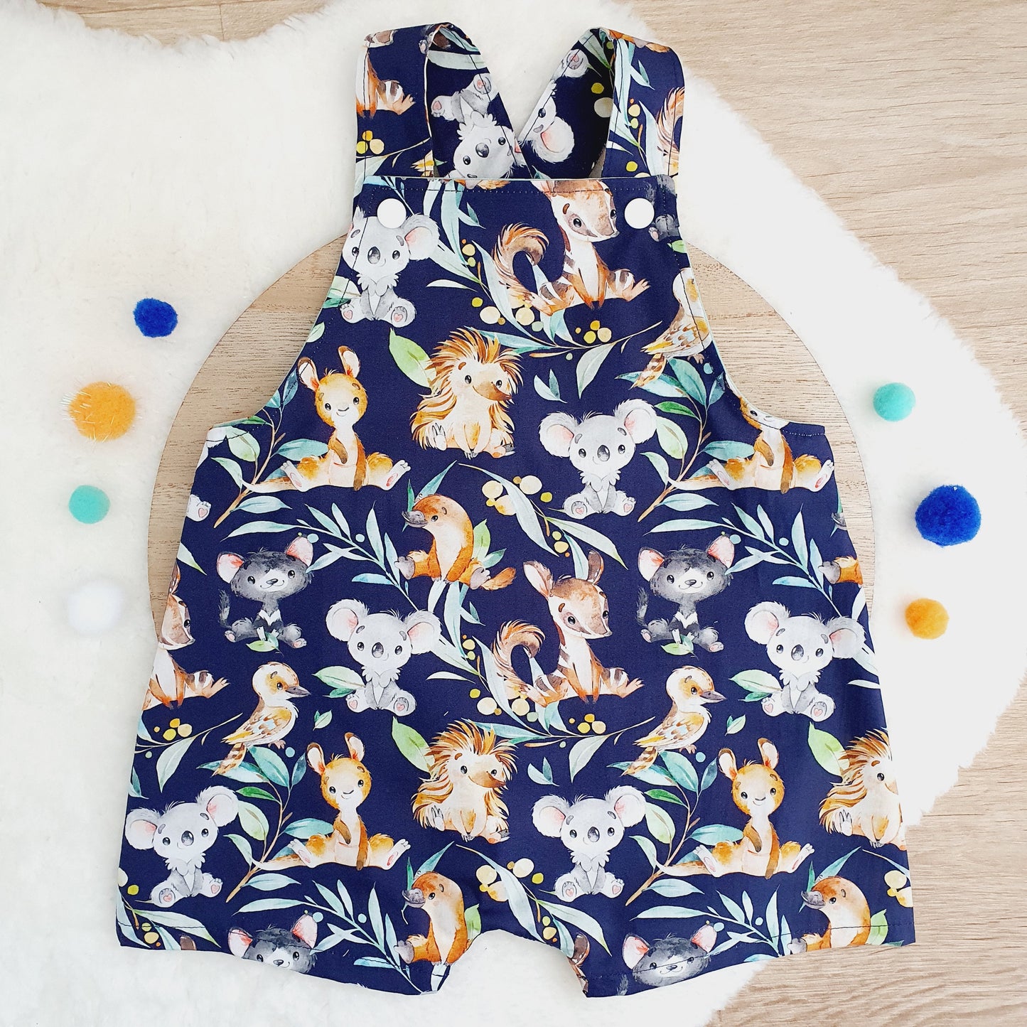 AUSSIE ANIMALS print Overalls, Baby Overalls, Short Leg Romper, Size 1