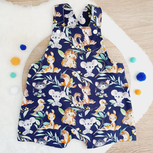 AUSSIE ANIMALS print Overalls, Baby Overalls, Short Leg Romper, Size 1