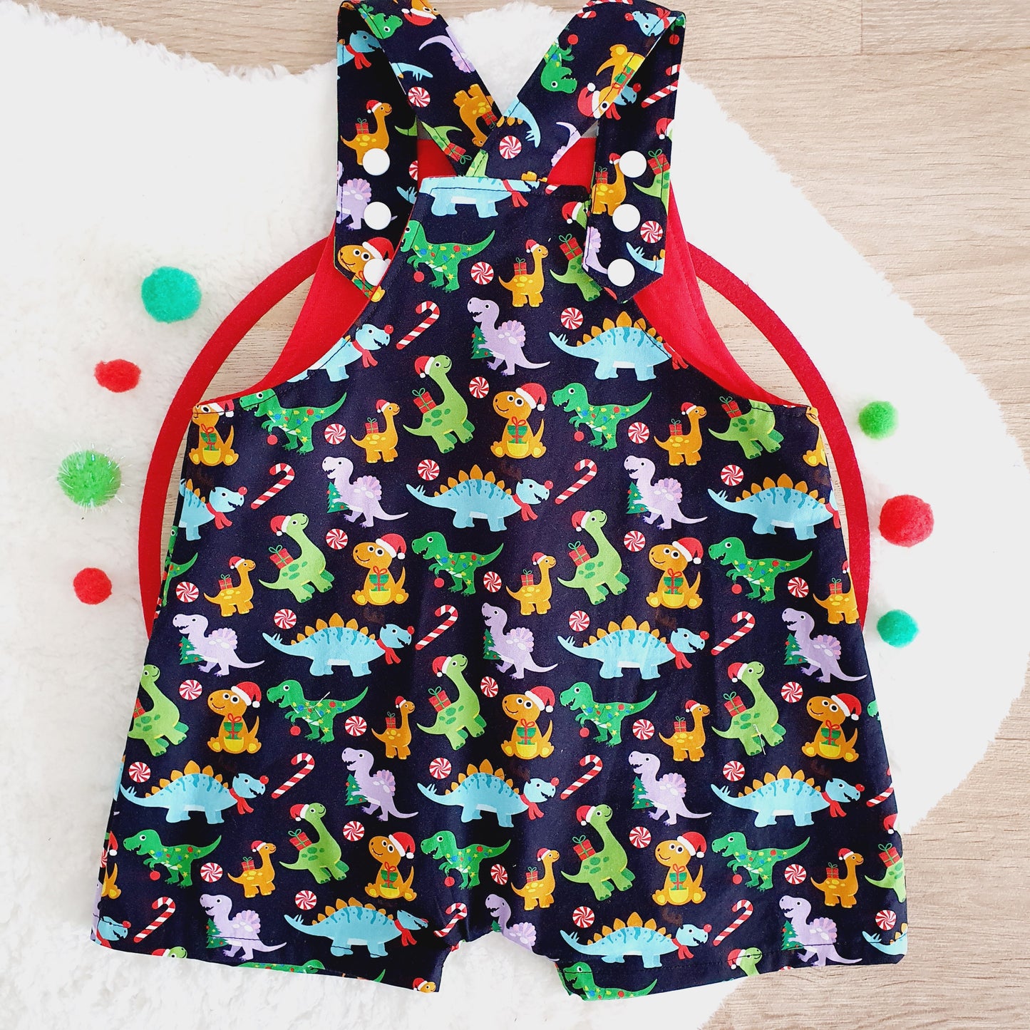 CHRISTMAS DINOSAURS Overalls, Baby / Toddler Overalls, Short Leg Romper, Size 2