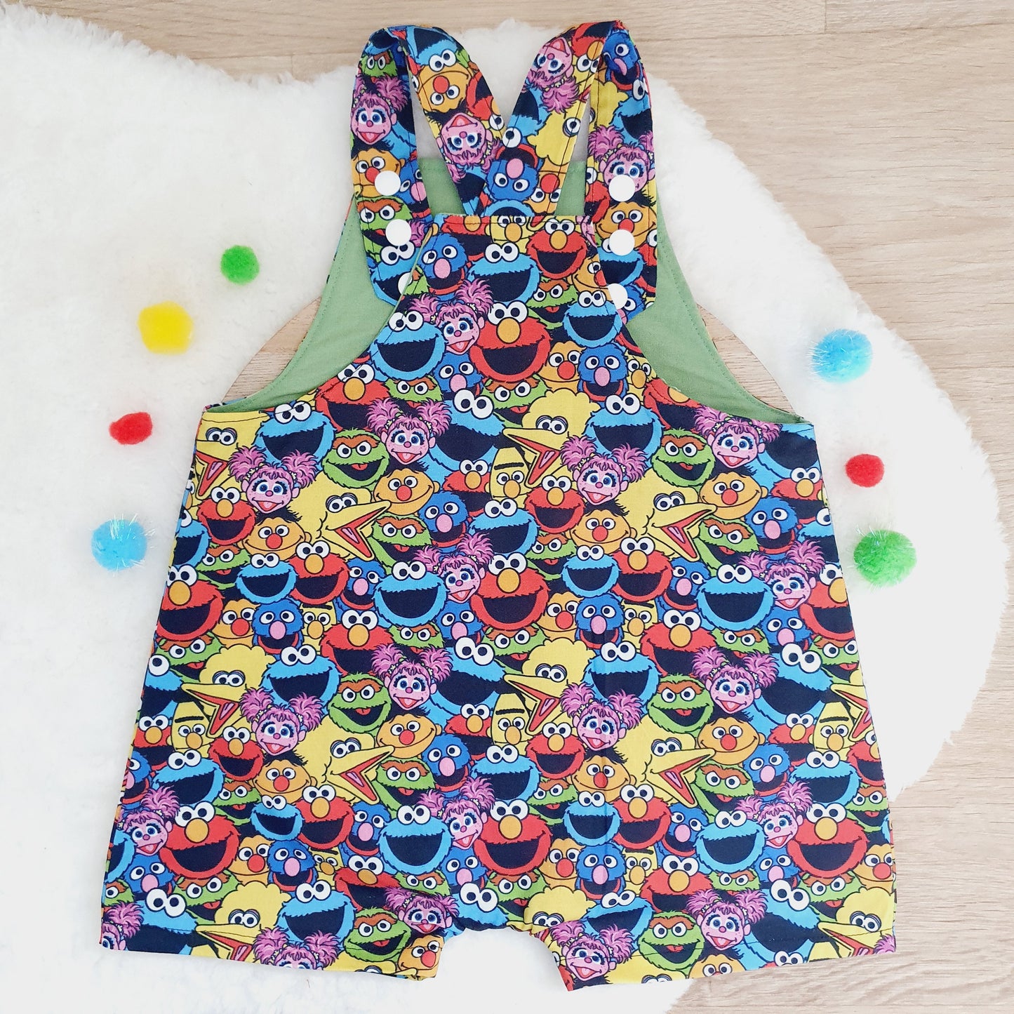 SESAME ST print Overalls, Baby / Toddler Overalls, Short Leg Romper, Size 2