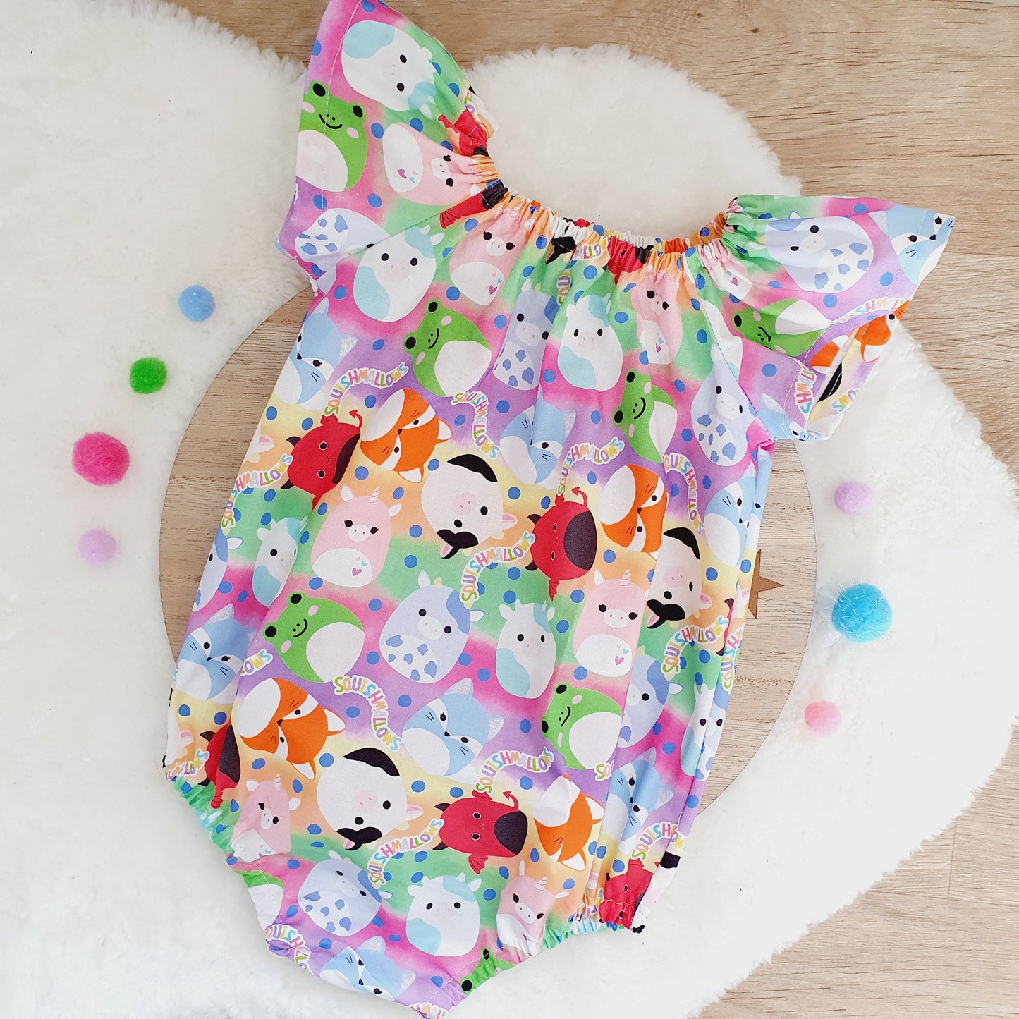 SQUISHMALLOWS print Baby Girl Playsuit, Size 1, 1st Birthday / Cake Smash Outfit