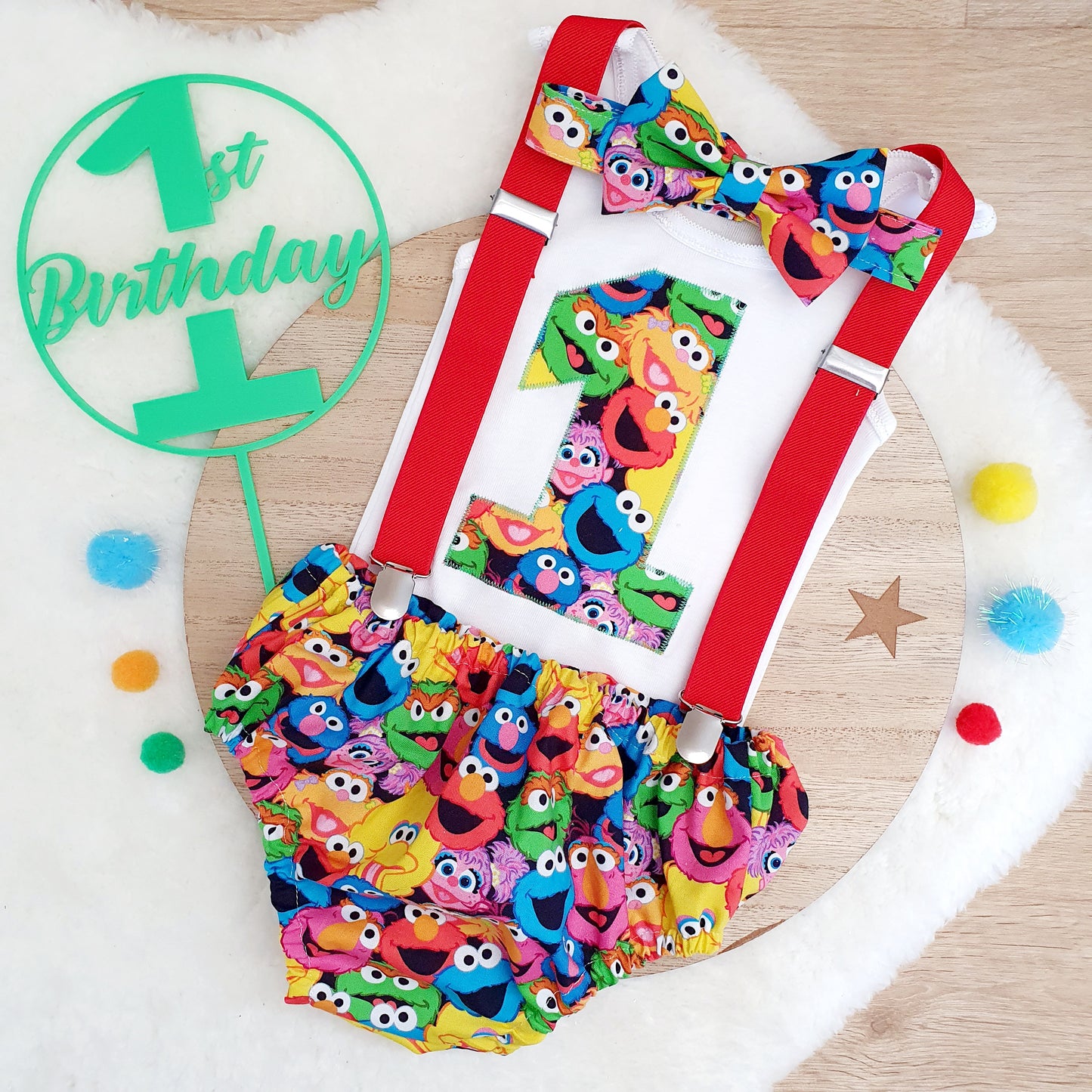 SESAME ST print Boys 1st Birthday Outfit, Size 0