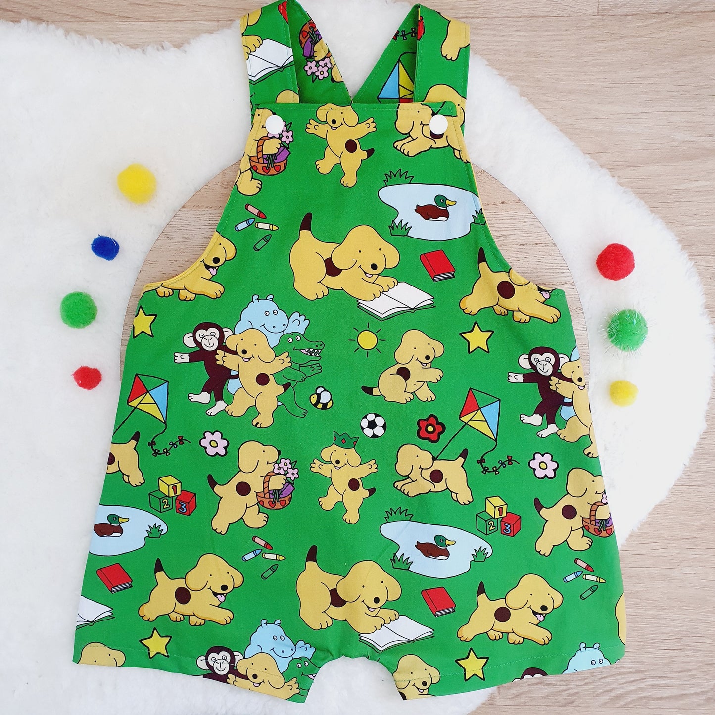 SPOT ON GREEN Overalls, Baby Overalls, Short Leg Romper, Size 1