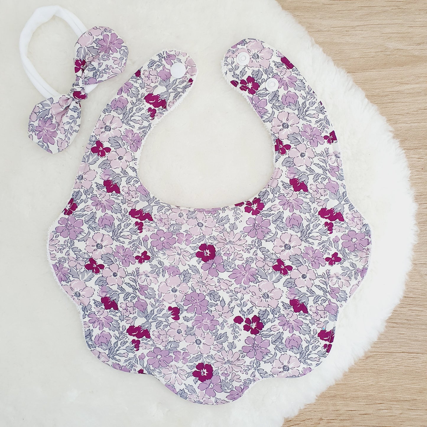 Floral Handmade Scalloped Baby Bib and Headband Set