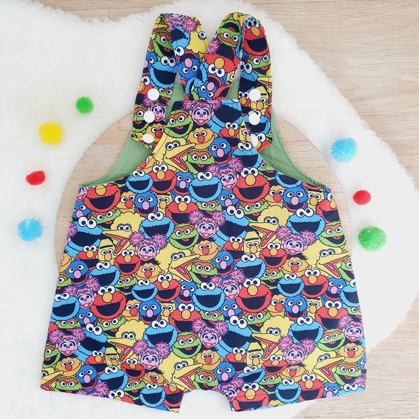 SESAME STREET print Overalls, Baby Overalls, Short Leg Romper, Size 1