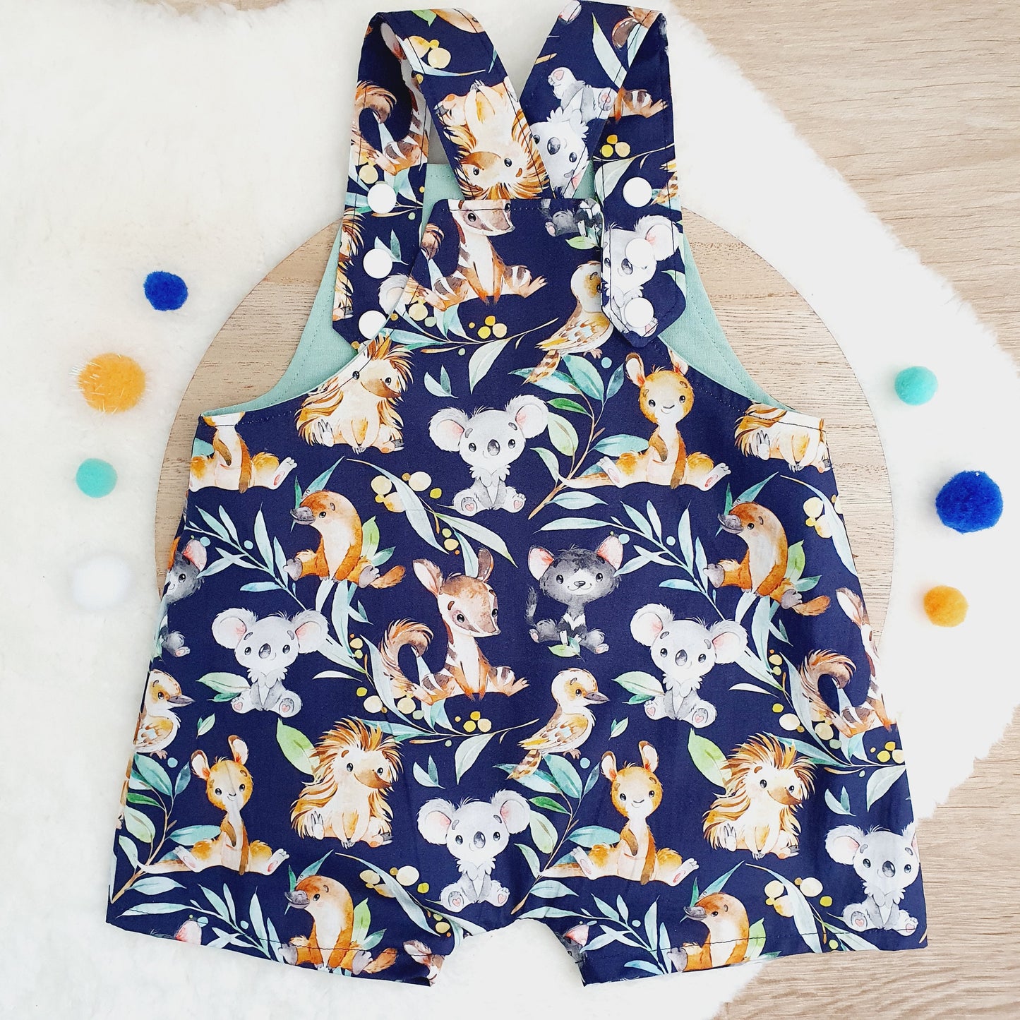 AUSSIE ANIMALS print Overalls, Baby Overalls, Short Leg Romper, Size 1