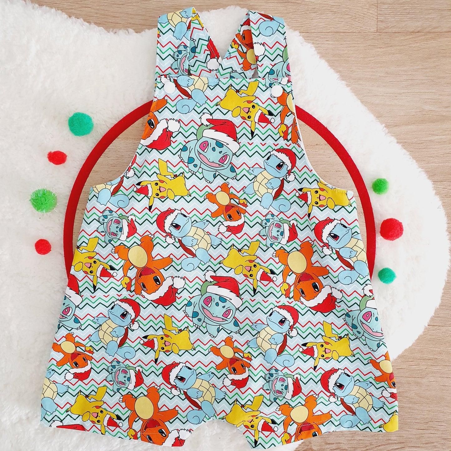 CHRISTMAS POKEMON Overalls, Baby / Toddler Overalls, Short Leg Romper, Size 2