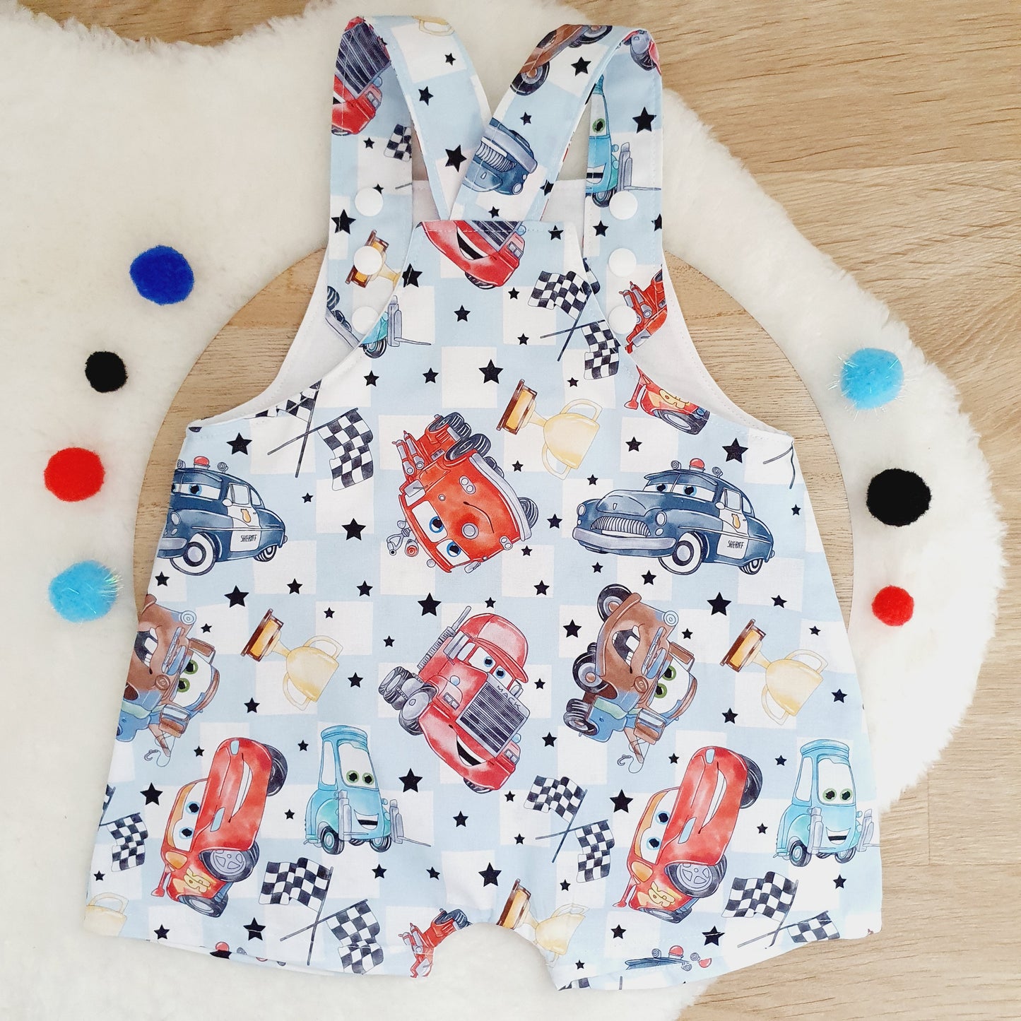 CARS print Overalls, Baby Overalls, Short Leg Romper, Size 1
