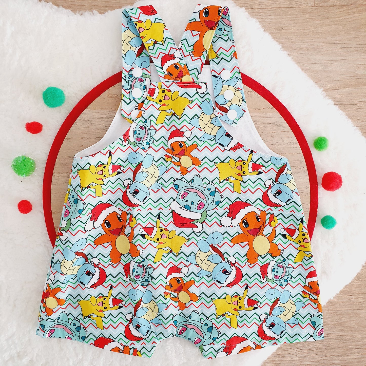 CHRISTMAS POKEMON Overalls, Baby Overalls, Short Leg Romper, Size 1